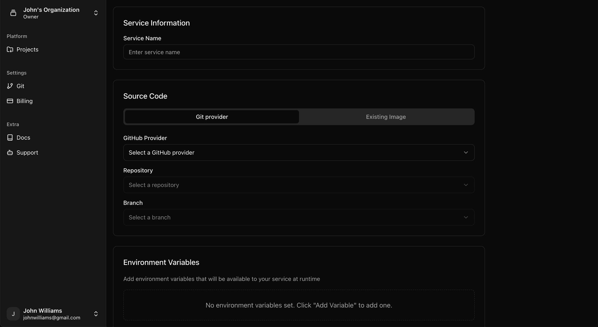 Creating a new service in Deployra