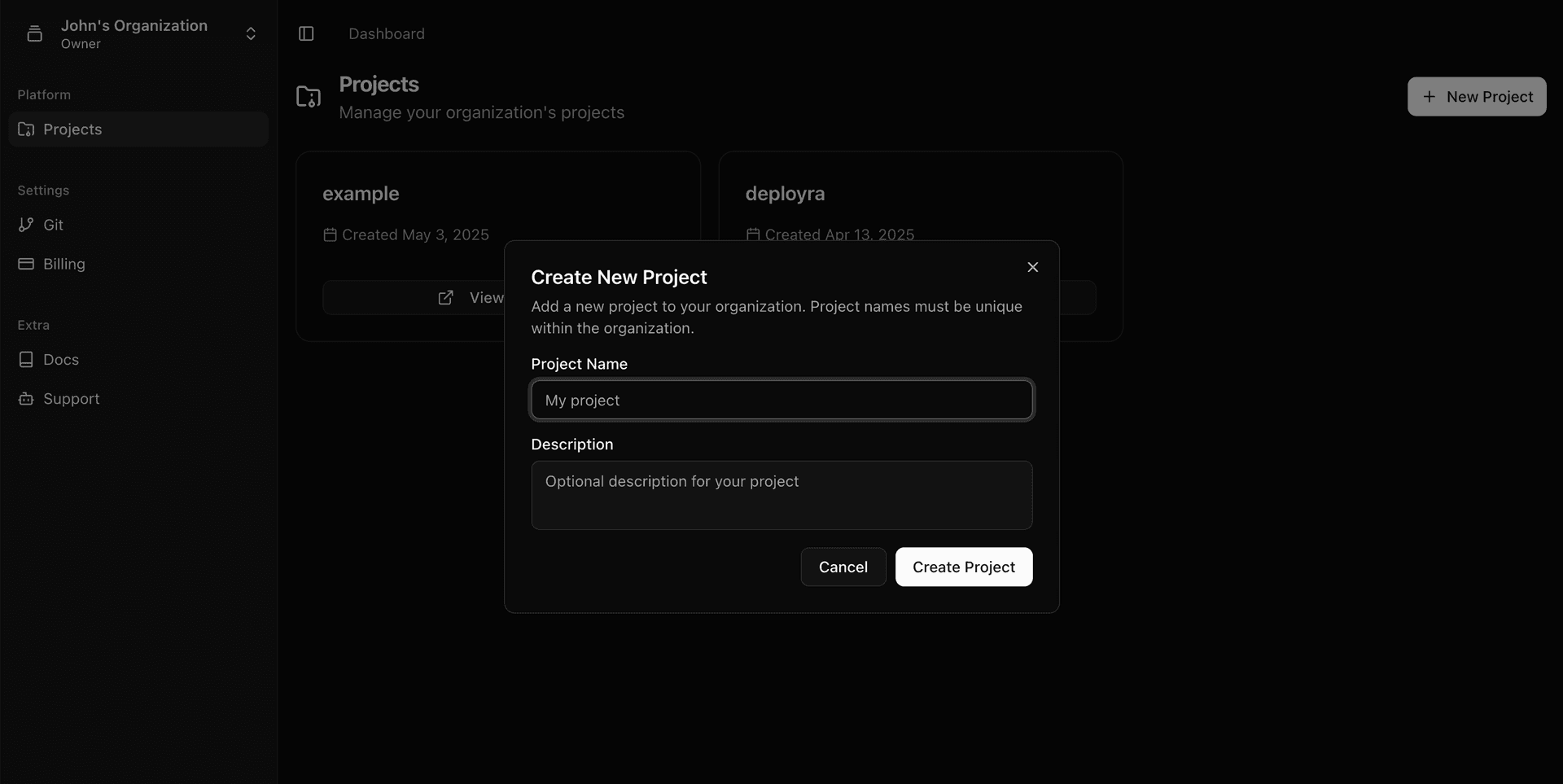 Creating a new project in Deployra