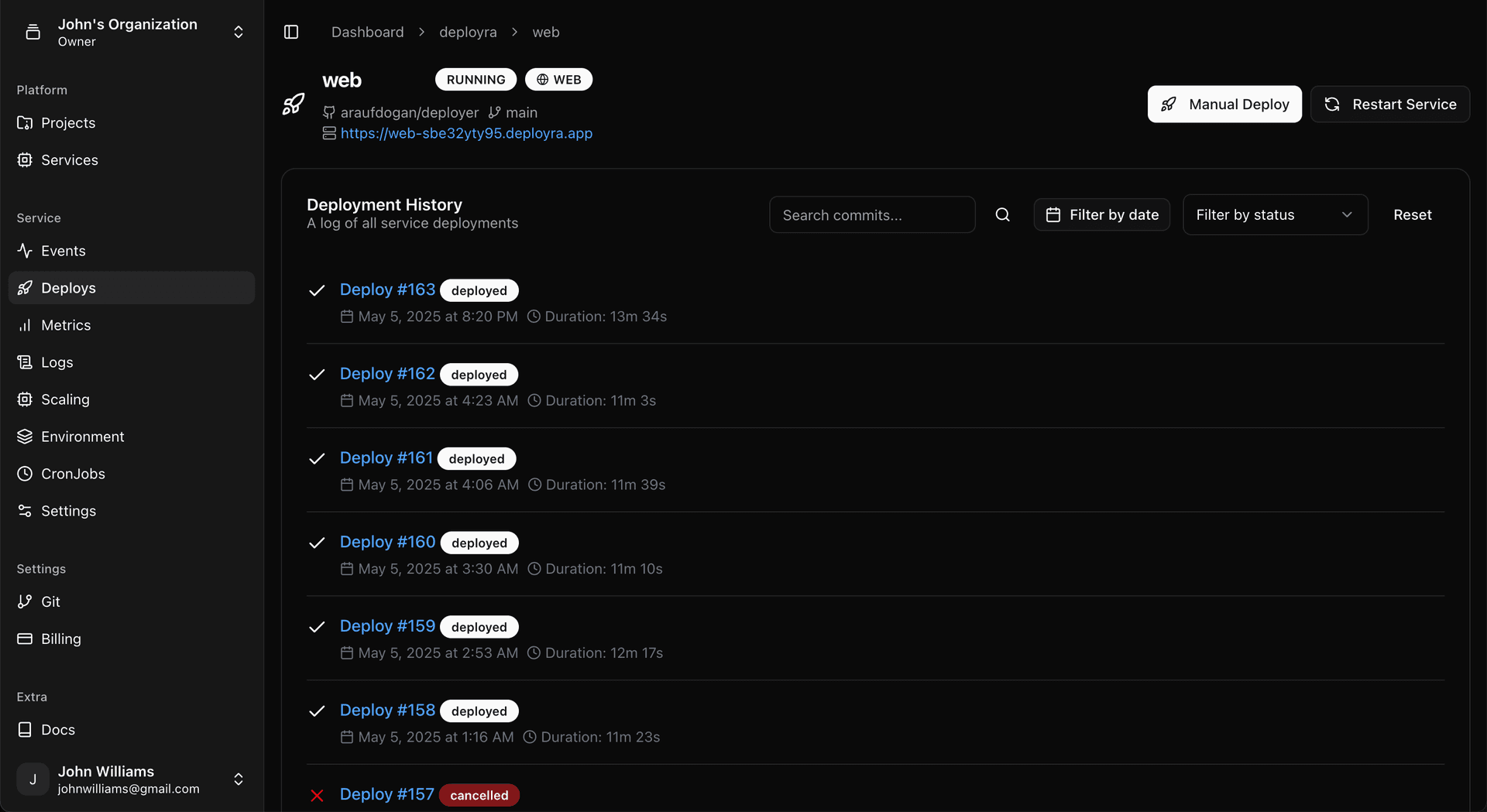 Deployment timeline in Deployra